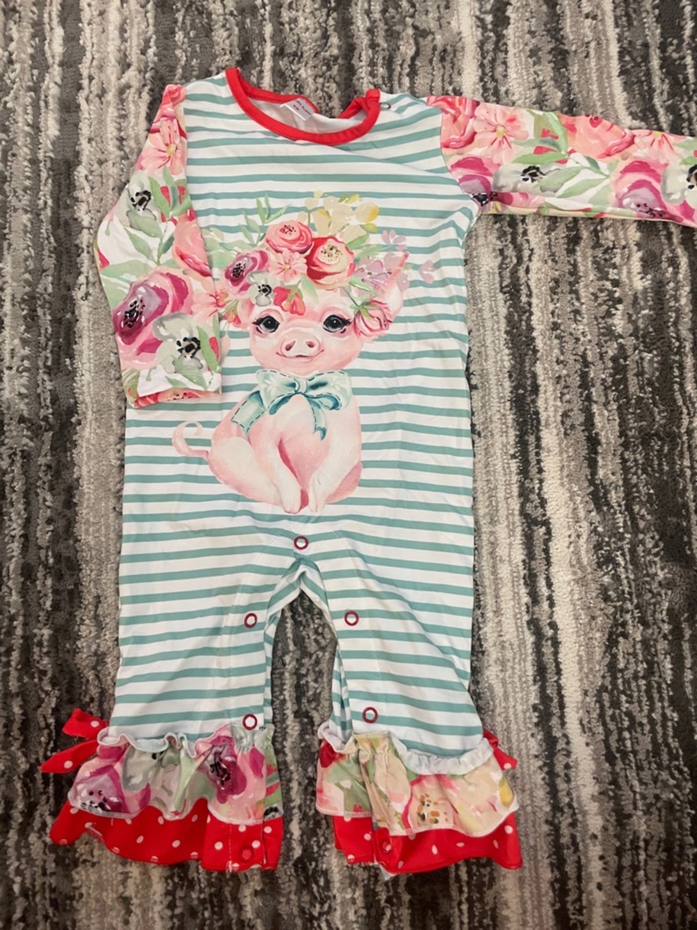 Girls Floral Pig Stripe One-Piece Romper - Pink & Aqua